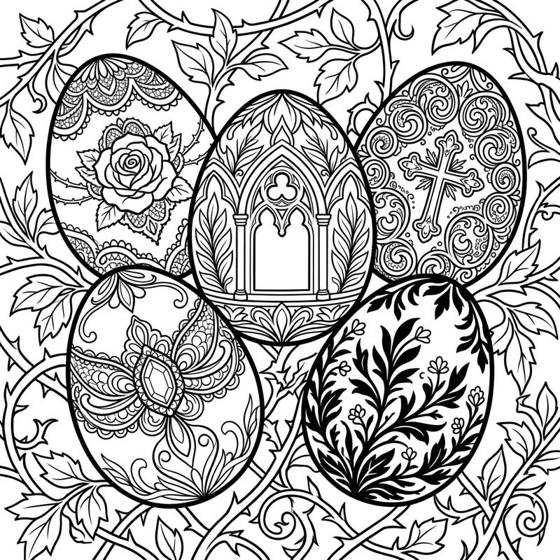 Discover a uniquely captivating twist on Easter traditions with our Gothic Easter Eggs coloring page. Immerse yourself in intricate designs featuring Victorian lace, mysterious patterns, and dark, elegant details, perfect for a sophisticated coloring experience.