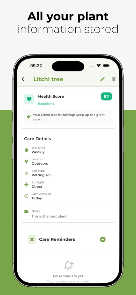 Plant-Care - Ein Bildschirm einer mobilen App zeigt ein Profil eines Litschi-Baums mit einem hohen Gesundheits-Score und detaillierten Pflegeanweisungen zum Gießen und Sonnenlicht.