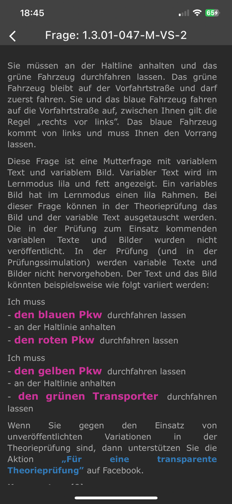 Fahrschule.de 2026 - App-Bildschirm, der Variationen von theoretischen Fahrprüfungsfragen und Verkehrsregeln erklärt