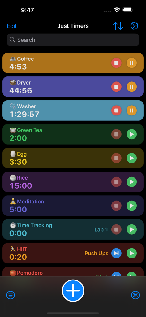 Just Timers - Interfaccia dell'app Just Timers su iPhone che mostra più timer simultanei con codifica a colori per caffè, bucato, cucina e fitness