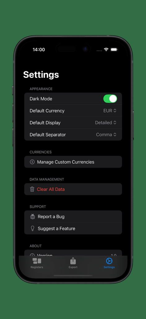 Pantalla de configuración de la aplicación Cash Register Multi que muestra opciones para el modo oscuro, moneda predeterminada y gestión de datos.