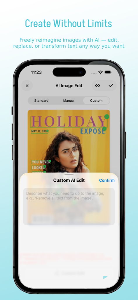 EditShot – Photo Text Editor - EditShot app showing AI custom text editing interface to remove or replace text on images.