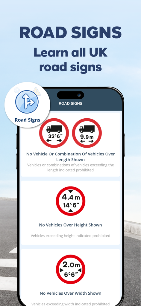 LGV & HGV Theory Test Kit 2026 - Screen showing UK road signs for vehicle length height and width in a driving theory test app