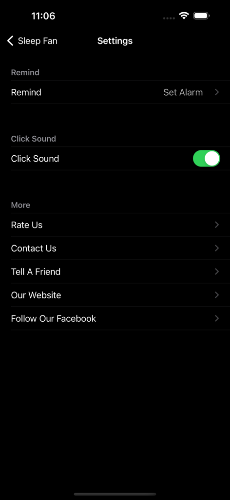 BedTime Sleep Fan Sounds - Settings menu of the BedTime Sleep Fan Sounds application showing alarm and notification options.