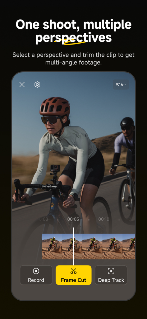 Insta360 - Oberfläche der Insta360-App, die die Frame-Cut-Funktion zum Bearbeiten mehrerer Perspektiven aus einer einzigen Aufnahme von Radfahrern zeigt