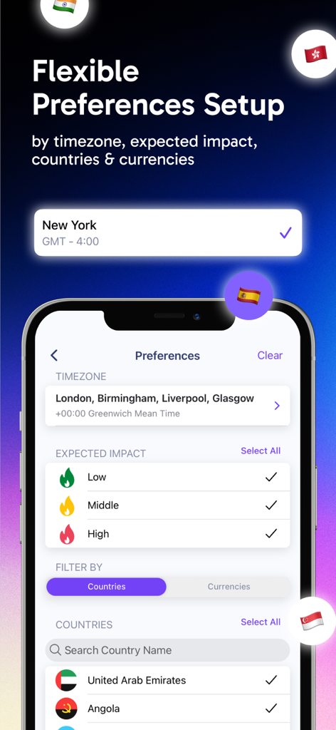 Forex calendar app preferences screen for filtering economic events by timezone and impact.