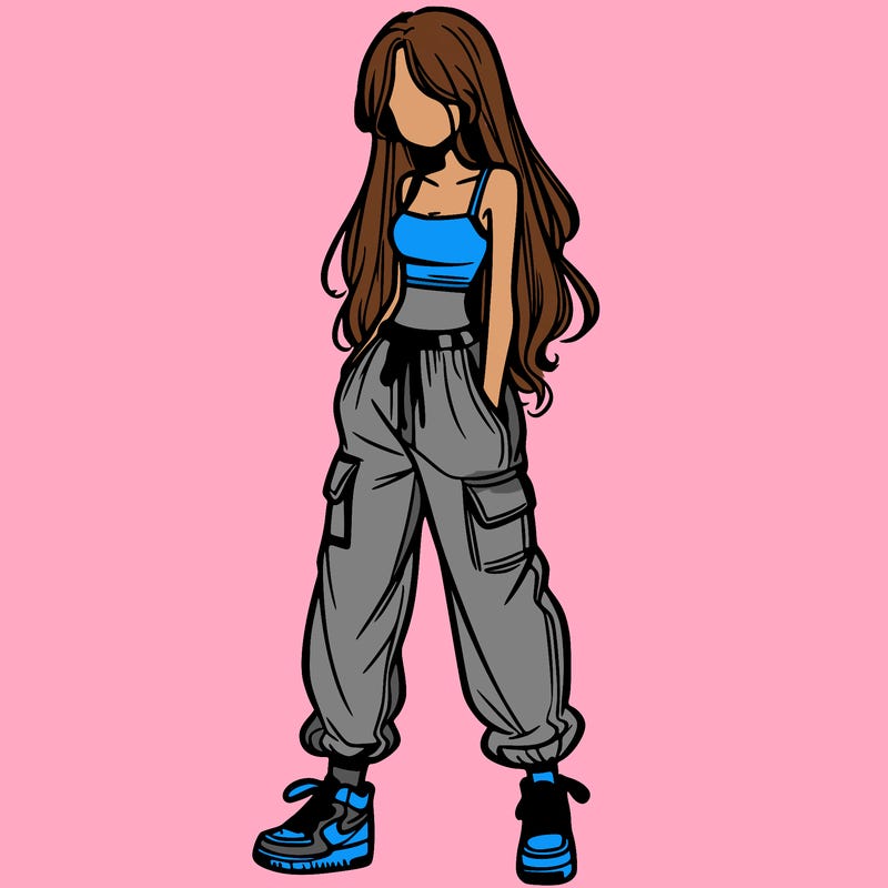 girl in baggy pants crop top and long hair
