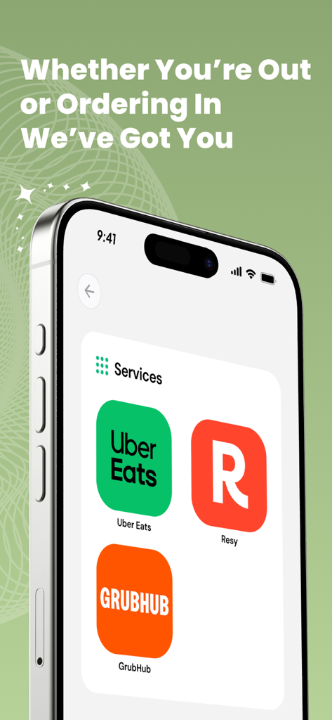 Menu Order AI: Find GLP1 Meals - Smartphone screen featuring Uber Eats Resy and GrubHub app icons
