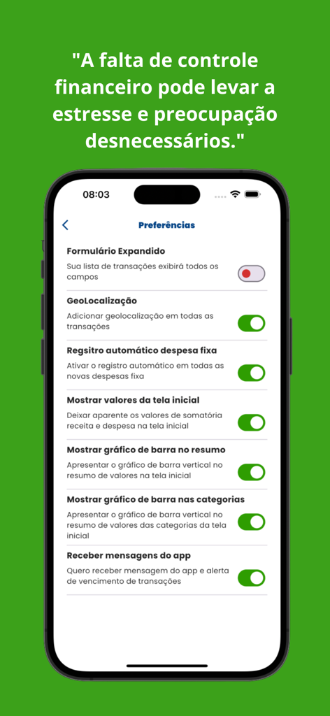iPhone-Bildschirm mit dem Einstellungsmenü der Finanzkontrolle-App mit verschiedenen Anpassungsschaltern für die Finanzverfolgung.