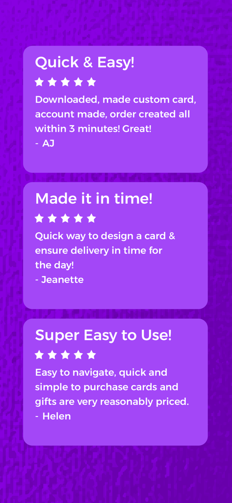 Funky Pigeon: Cards & Gifts - Three five star user reviews praising the Funky Pigeon app for being quick and easy to use