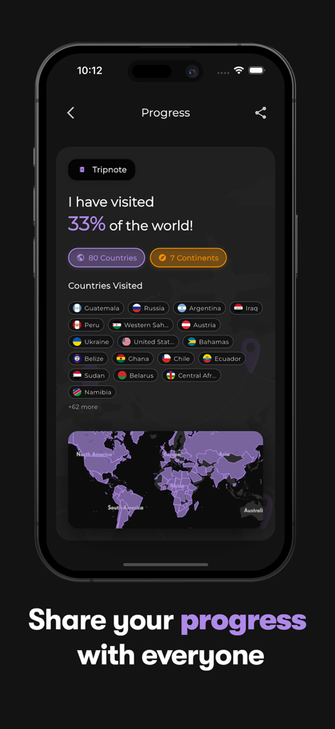 Tripnote mobile app showing travel progress statistics and a world map of visited countries
