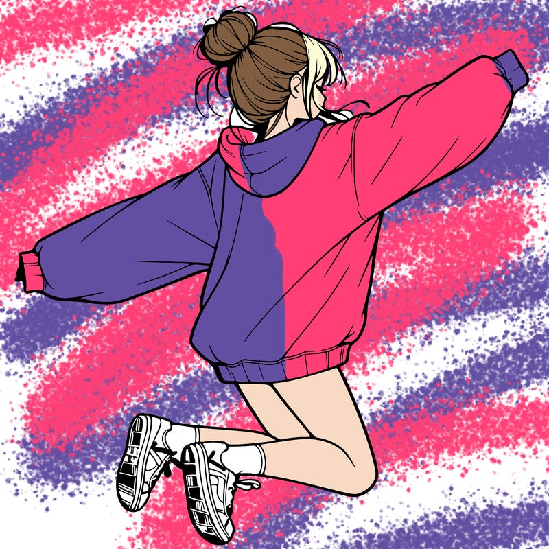 realistic girl jumping with a bun and oversized sweatshirt