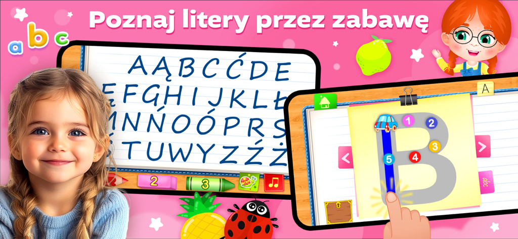 Gra Alfabet dla Dzieci - Screenshot of a child learning the Polish alphabet and tracing the letter B in an educational app.
