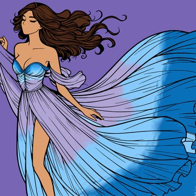 realistic woman in dress flowing the the wind