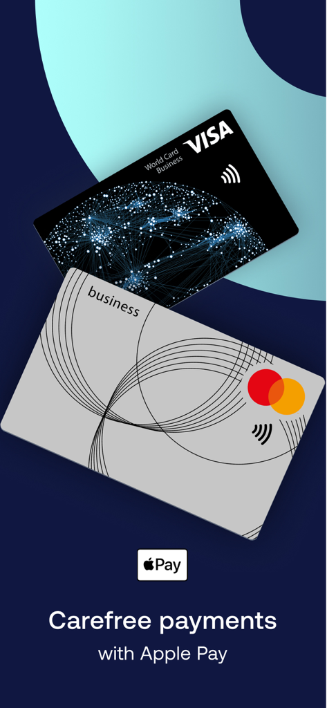 ICS Business - ICS Business Visa and Mastercard cards showing Apple Pay support for mobile payments.