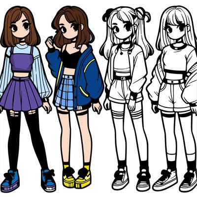 one girl with crop-top shirt and a jacket with a skirt, long socks and another girl with a shirt and pants with a jacket