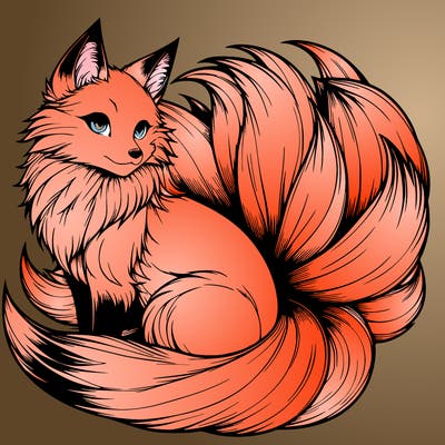 realistic detailed 9 tailed anime fox