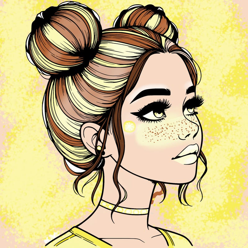 realistic girl with buns on the top of her head