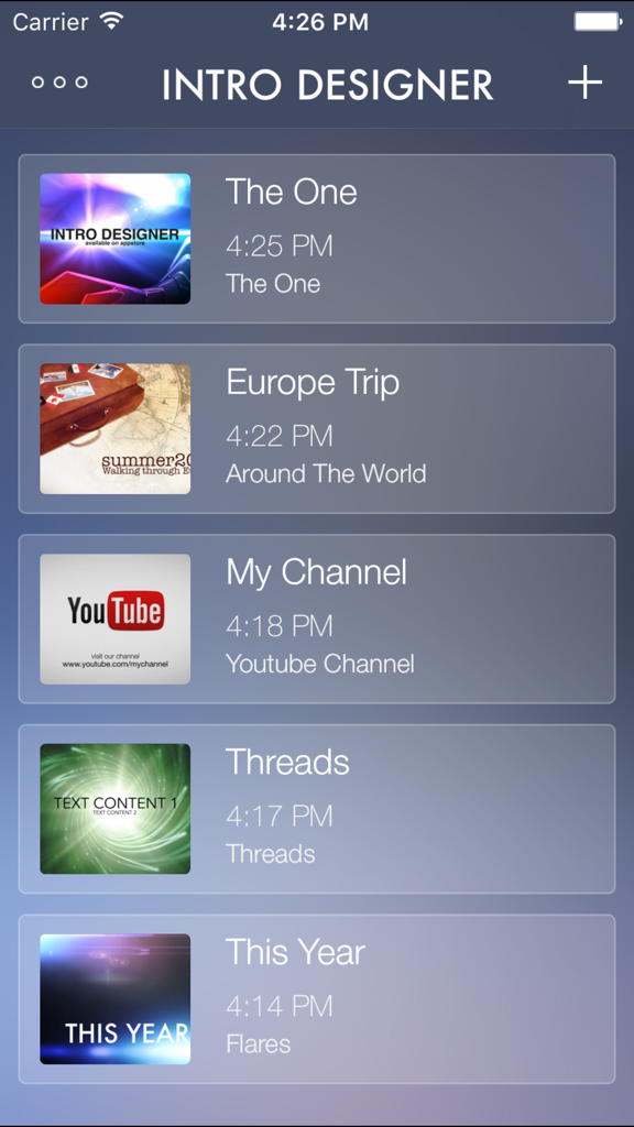 Intro Designer app screen displaying a list of saved video projects including travel and YouTube channel intros