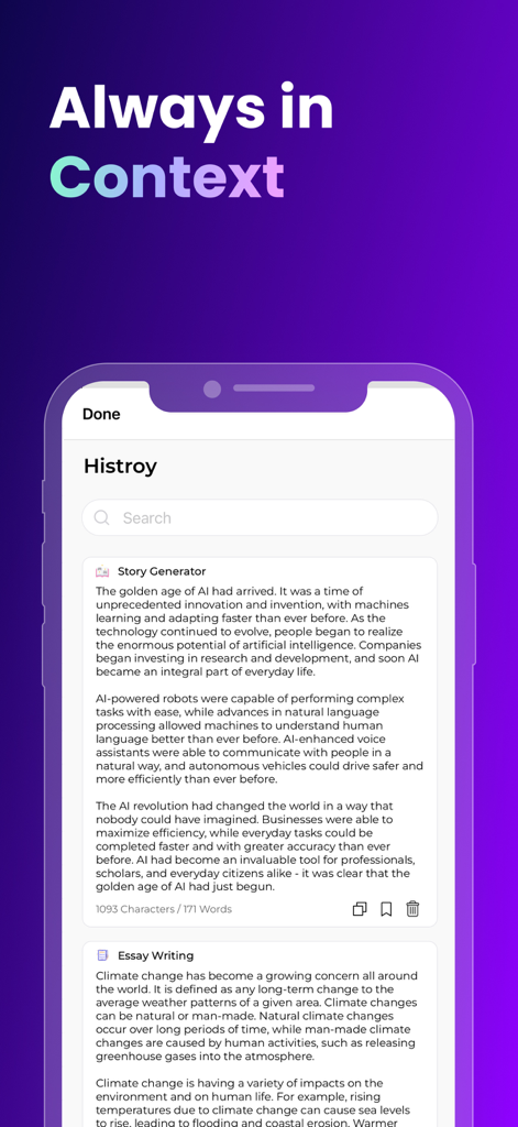 Japer AI - WritBot - Interfaz de la aplicación móvil de WritBot que muestra un historial de historias y ensayos generados por IA
