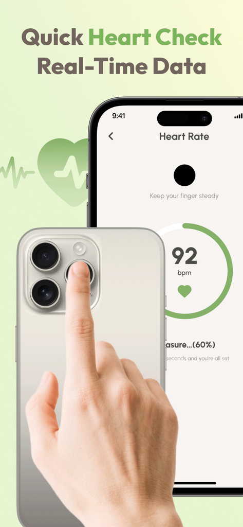 Blood Pressure Tracker+:AI Log - Utilisateur mesurant sa fréquence cardiaque en plaçant son doigt sur l'objectif de la caméra du smartphone