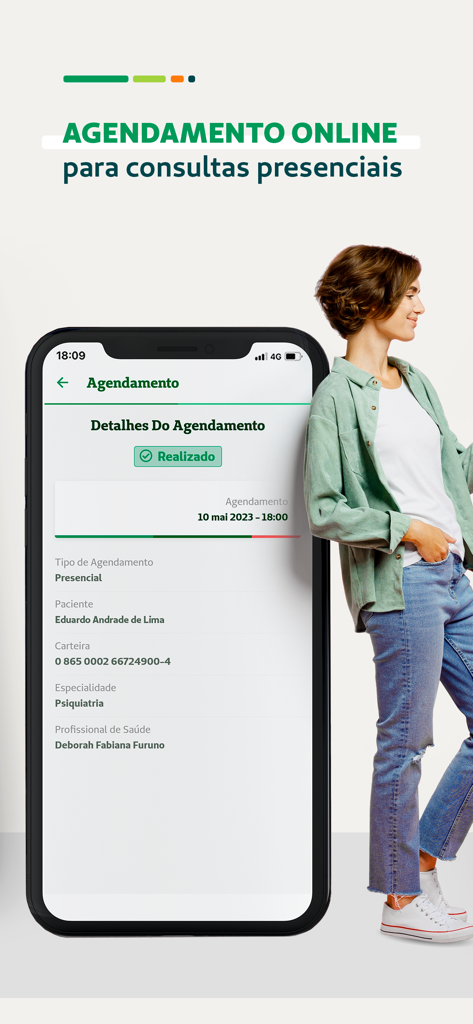 A woman smiling while looking at her smartphone displaying the Unimed CNU app online appointment scheduling screen.