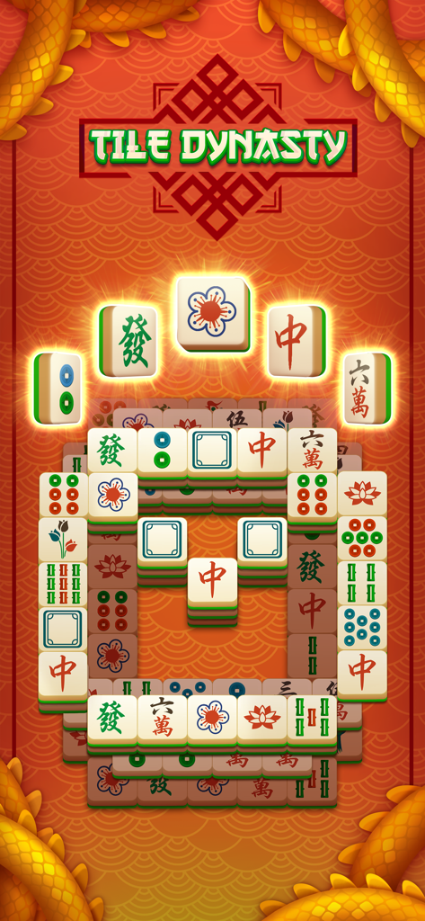 Tile Dynasty: Triple Mahjong - Gameplay-Bildschirm von Tile Dynasty Triple Mahjong, der traditionelle Kacheln zeigt, die für ein passendes Rätsel gestapelt sind