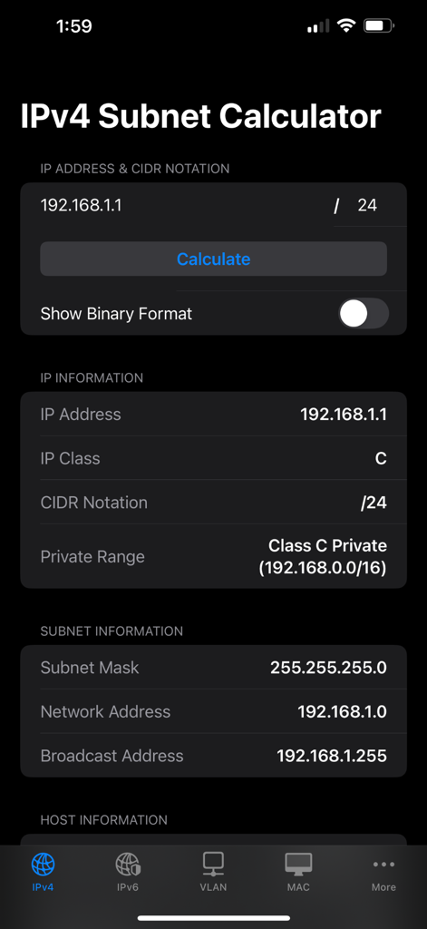 NetBuddy IP Subnet Calculator - NetBuddy app screen showing IPv4 subnet calculator with IP and subnet information in dark mode