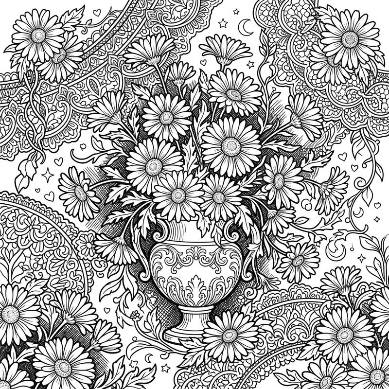 Dive into a world of melancholic beauty with this stunning Gothic daisy bouquet coloring page. Its intricate details and ornate Victorian patterns promise a unique and captivating artistic experience.