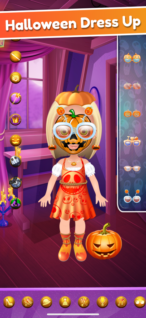 Halloween Face Paint Salon - ハロウィーンドレスアップモードで、カボチャの帽子、フェイスペイント、オレンジのドレスを着たキャラクター