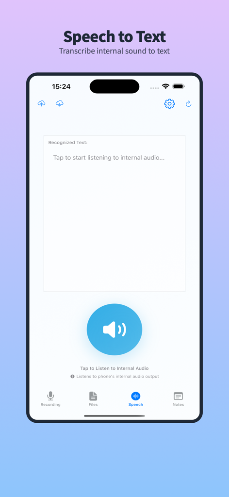 RecordIn - Interface of the RecordIn app showing the speech to text feature for internal audio transcription.