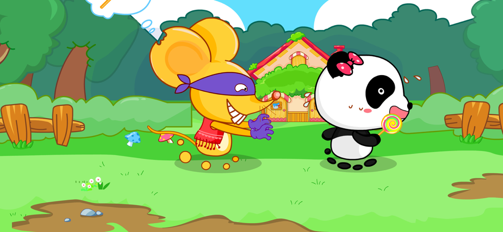 A yellow rat with a purple mask chasing a panda holding a swirl lollipop in a field