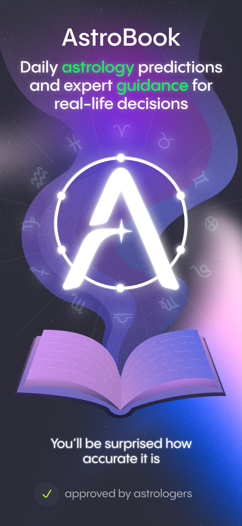 AstroBook: Astrology Insights - AstroBook app splash screen for daily astrology predictions and expert guidance.