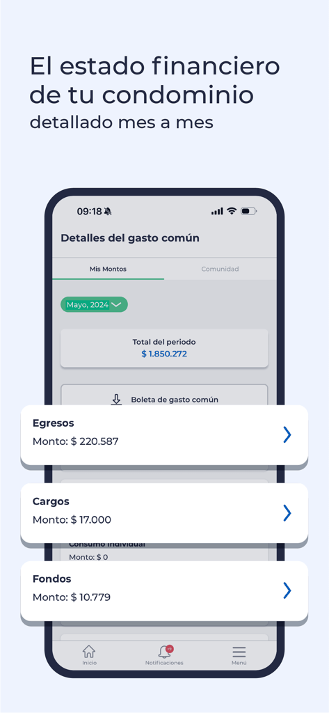 App móvil ComunidadFeliz mostrando un informe financiero mensual detallado de los gastos comunes del condominio.