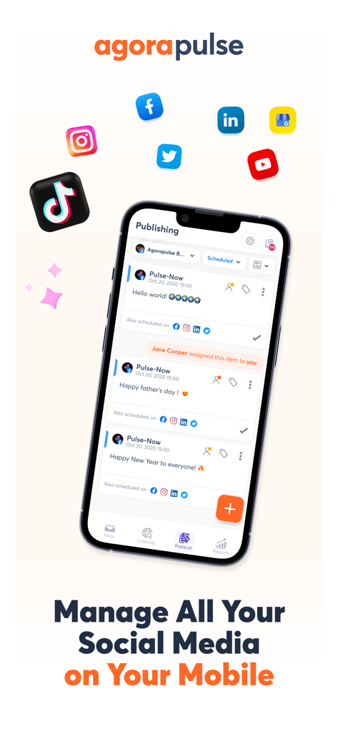 Smartphone mostrando el panel de publicación de Agorapulse con iconos de plataformas de redes sociales encima