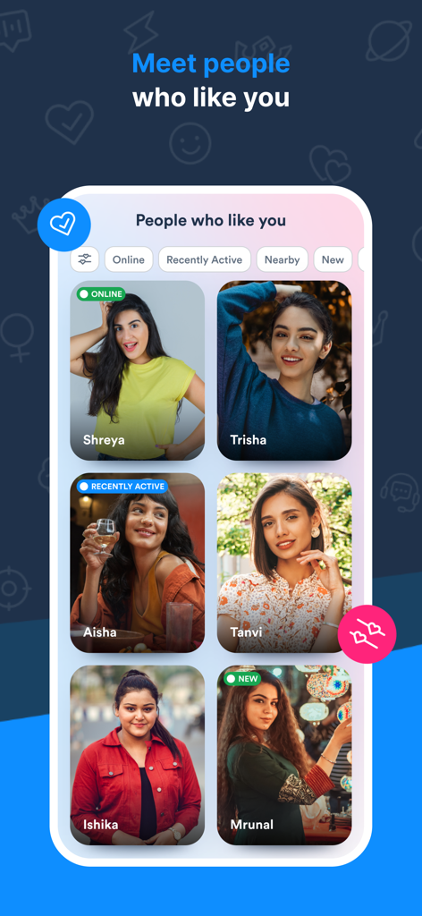 '나를 좋아하는 사람들' 섹션 아래 잠재적 매치의 프로필 사진 그리드를 보여주는 TrulyMadly 앱 인터페이스