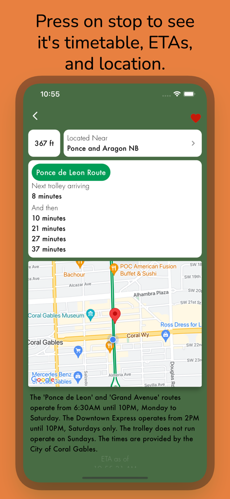 Aplicativo Coral Gables Trolley Tracker mostrando horários de chegada em tempo real e localização no mapa para a parada da rota Ponce de Leon