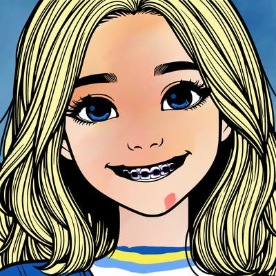 a girl with braces smiling with freckles realistic