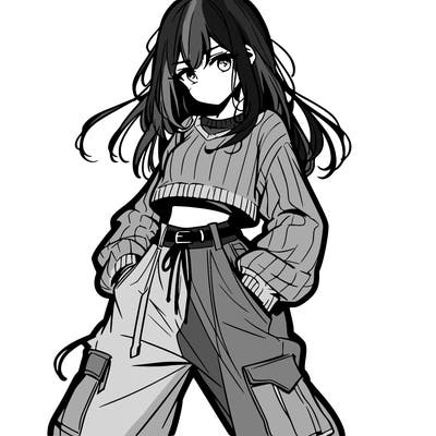 anime teen girl with baggy pants and crop top with sweater