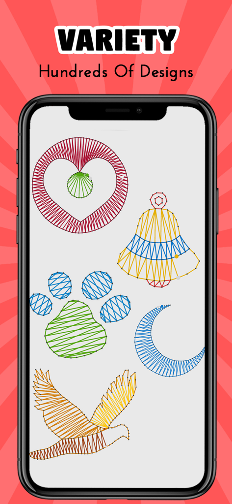 Un smartphone mostrando una variedad de diseños coloridos de arte de cuerdas, incluyendo un corazón, una campana, una huella de pata, una luna creciente y un pájaro.