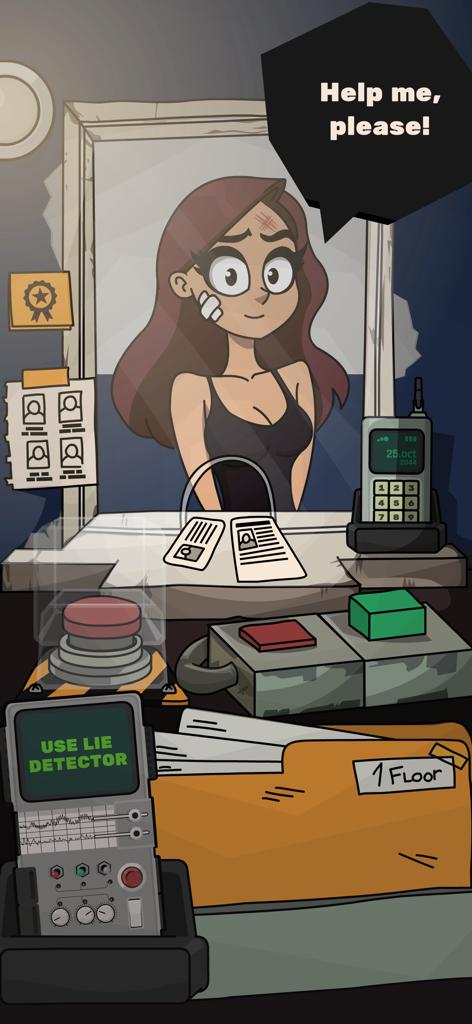 Personaje siendo examinado en un punto de seguridad con un dispositivo detector de mentiras