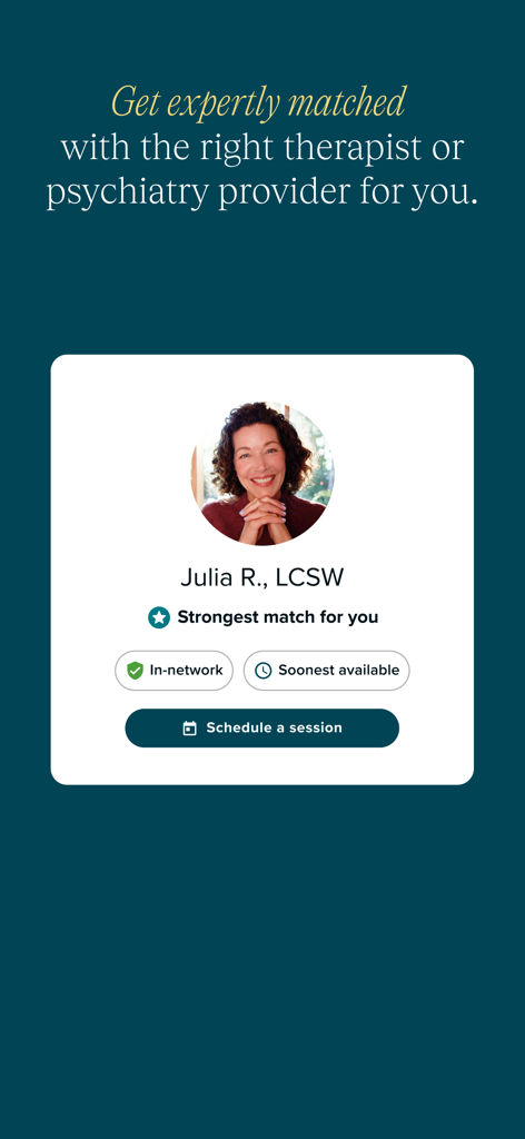 SonderMind app interface showing a recommended therapist profile with credentials and a button to schedule a session
