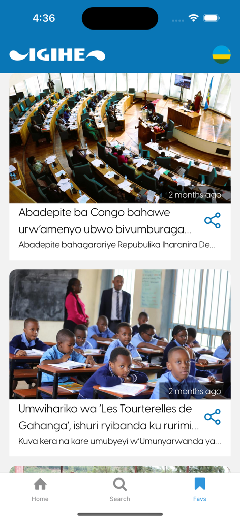 IGIHE - IGIHE-Nachrichten-App-Bildschirm mit Artikeln in Kinyarwanda und Bildern eines Parlaments und eines Klassenzimmers.