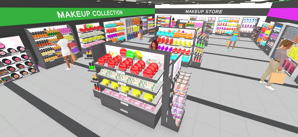 Makeup Store Simulator - Interior view of a virtual makeup store with customers browsing shelves filled with beauty products