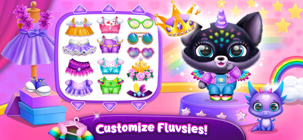 Fluvsies Pocket World - A black unicorn pet being customized with a variety of colorful dresses, glasses, and crowns in Fluvsies Pocket World.