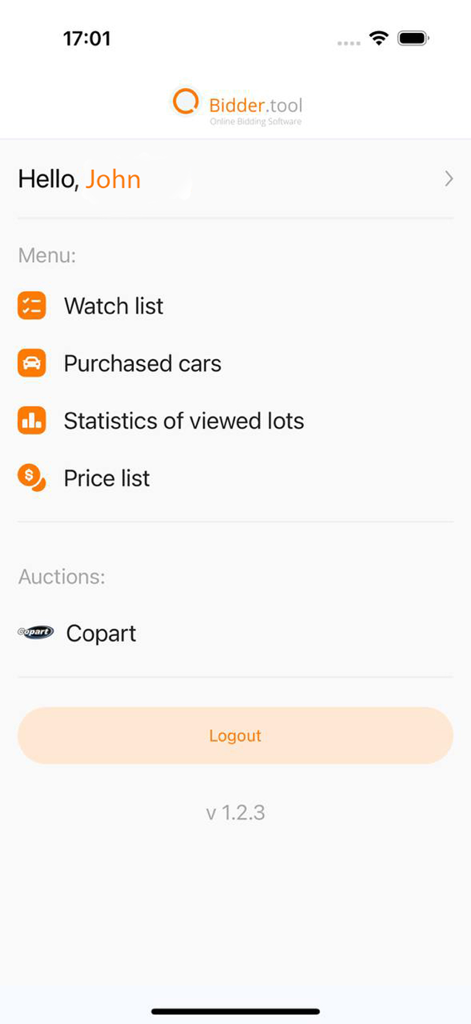 Menu principal do aplicativo Bidder Tool mostrando opções para lista de observação, carros comprados, estatísticas e listas de preços para leilões de carros.