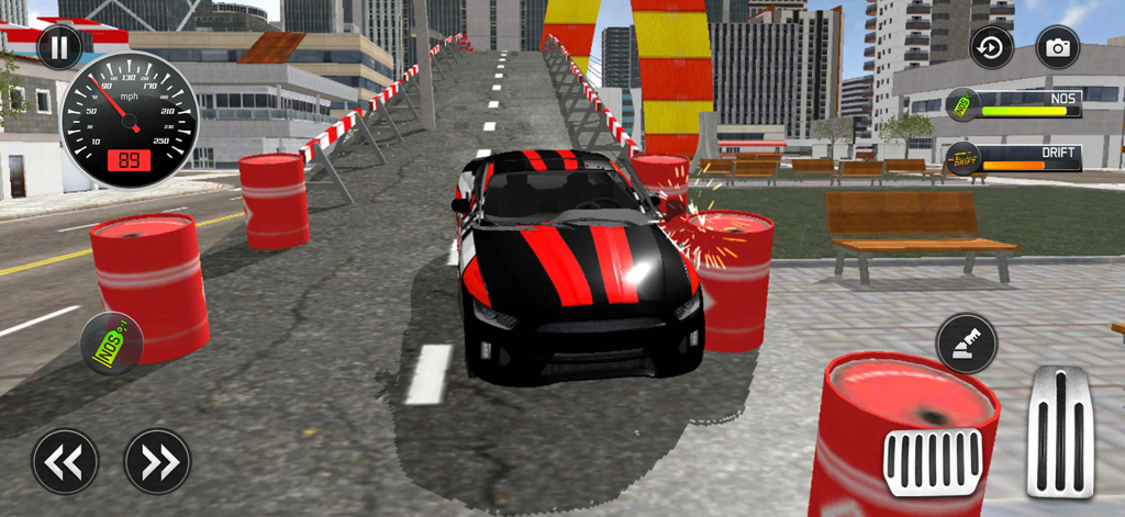 Open World Car Simulator Games - A sports car performing a ramp stunt in a city environment car simulator