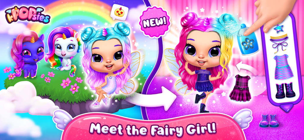 Kpopsies - My Unicorn Band - A vibrant game screen from Kpopsies showing the new fairy girl character and various dress up outfits