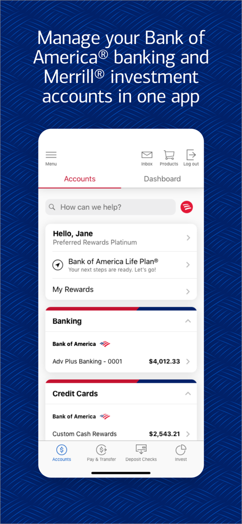 Bank of America mobile app interface displaying banking and Merrill investment account summaries
