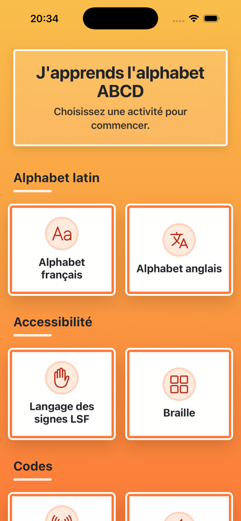 Pantalla del menú principal que muestra opciones para alfabetos en francés e inglés, además de funciones de accesibilidad para lengua de señas y Braille.